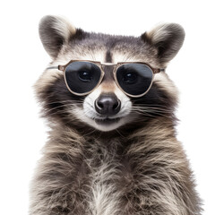 a raccoon, with sunglasses with a cheeky grin,  Fun-themed, photorealistic illustration in a PNG, cutout, and isolated. Generative AI