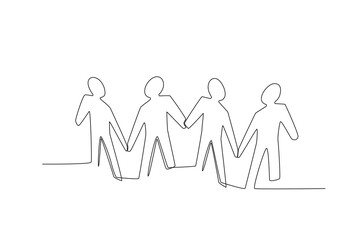 Four people stood holding hands. World population day one-line drawing