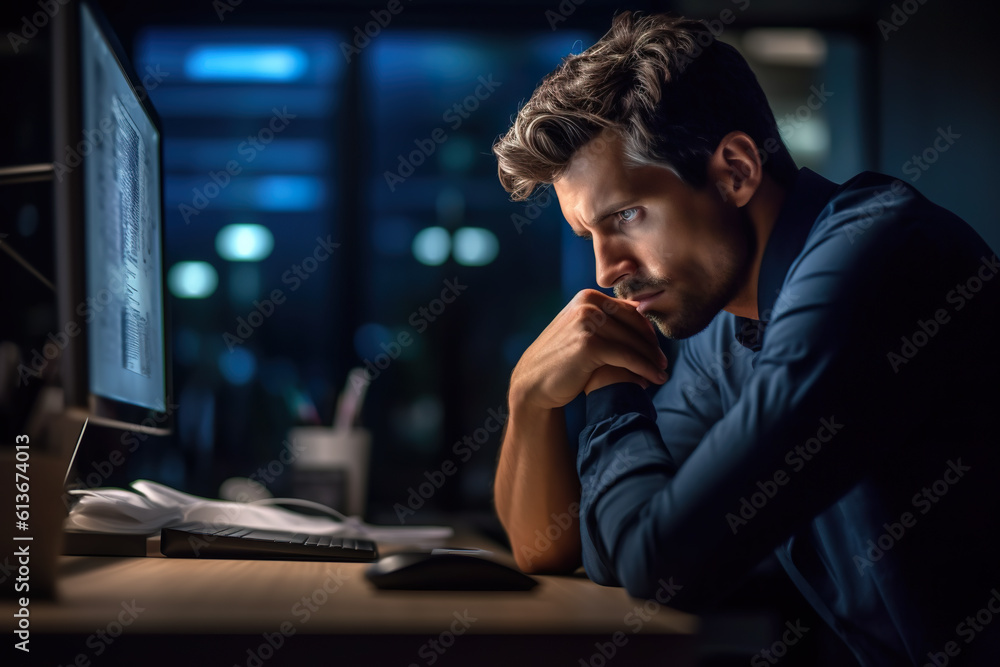 Poster a man sitting at a desk in front of a computer. generative ai.