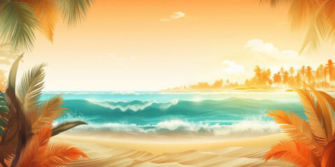 Summer Banner - Sunny Sand With Palm Leaves In Tropical Beach. Generative AI. - obrazy, fototapety, plakaty