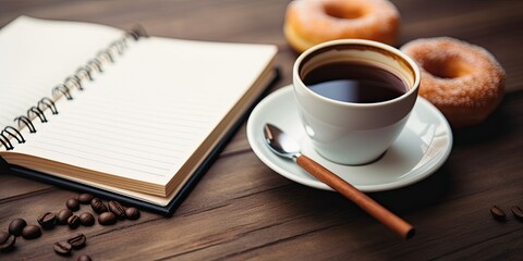 a Horizontal, blank notebook with a coffee cup and pen/pencil in a product display, Commercial-themed, in JPG. Generative AI