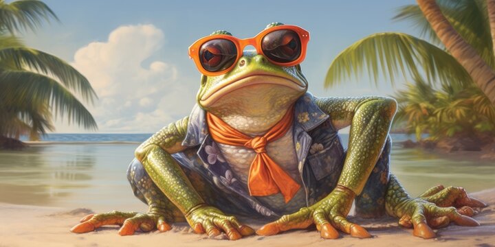 a frog wearing sunglasses and beach apparel in a fun-themed, horizontal format in JPG. Generative AI
