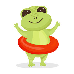 Cartoon frog with inflatable, swimming red ring isolated on a white background. Vector illustration. Kids inflatable circle. Good for designs, prints, patterns.