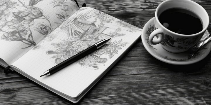 coffee with journaling and sketches, in a horizontal format in an Art/Barista-themed, photorealistic illustration in JPG. Generative ai