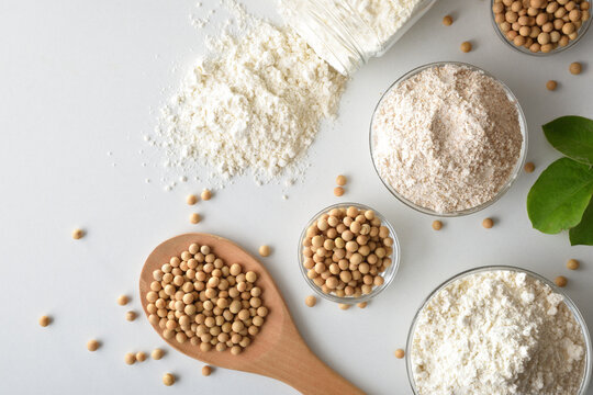 Whole and refined soy flour and soybeans in glass containers