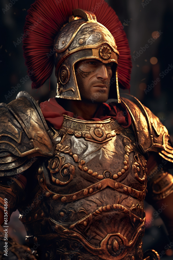 Poster a close up of a statue of a man in armor. generative ai.