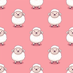 Vector Seamless Pattern with Funny Cute Sheep on Pink Background. Cartoon Sheep Seamless Texture, Textile, Wallpaper Design for Kids. Seamless Texture with Standing Sheep on Pink