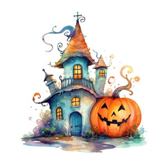 Fototapeta na wymiar A watercolor painting of a house and a pumpkin. Generative AI.
