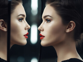 Woman and her mirror reflection.