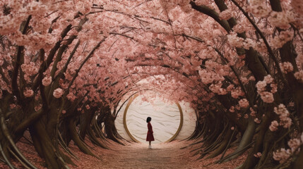 Dziewczynka stoi w ogrodzie różowych drzew tworzących przejście - obrazy, fototapety, plakaty