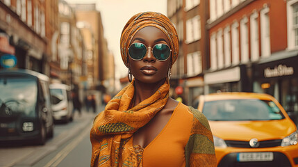 Czarnoskóra kobieta w okularach idzie w mieście na ulicy, elegancko ubrana.  - obrazy, fototapety, plakaty