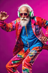 Tańczący dziadek, czuje się młodo, ubrany młodzieżowo, w słuchawkach na głowie. Kolorowy strój i różowe tło. 