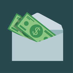 Cash inside open envelope vector illustration in flat graphic style. Budgeting money, managing money, envelope stuffing, personal finance concept with multiple bills. 