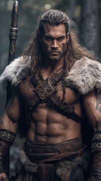 A gorgeous barbarian man in the woods