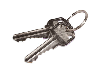 Isolated Pair of New Silver House Keys on Ring - Transparent PNG.