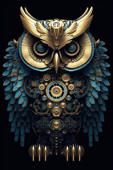 A gold and blue owl sitting on top of a black background. Generative AI.
