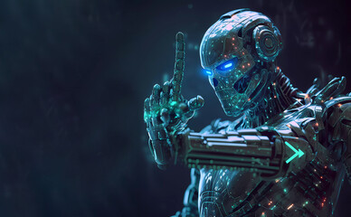 Fototapeta na wymiar Cyber ​​digital world of android robot pointing finger. Banner. Wallpaper. copyright. created by AI