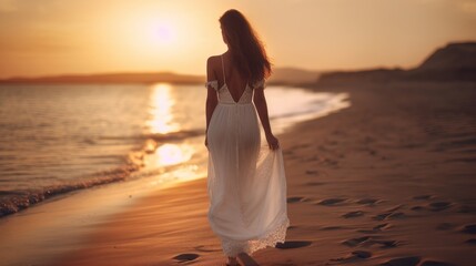 Fototapeta premium beautiful woman in white dress walking along the beach