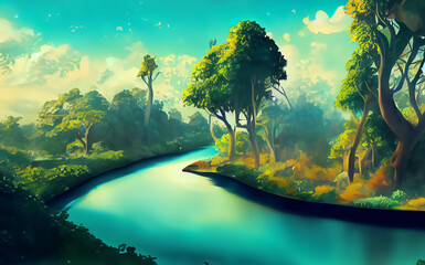 abstract river cartoon style background, illustration of forest stream with trees in the background created with generative ai technology