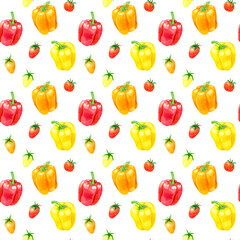 カラフルなパプリカとプチトマトのシームレスパターン　手描き水彩イラストの夏野菜柄