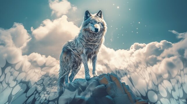 A white wolf standing on top of a rock. Generative AI image.