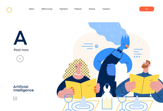 Artificial intelligence, Waiter -modern flat vector concept illustration of waiter AI taking order, giving advice on choosing in restaurant. Metaphor of AI advantage, superiority and dominance concept