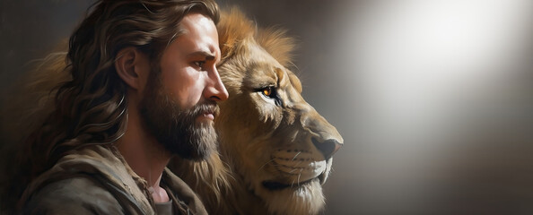 Jesus and the Lion Portraying Transcendent Power. - obrazy, fototapety, plakaty