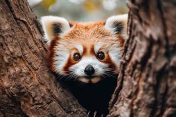 A red panda peeks out from behind a tree. Generative AI image.