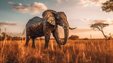 A large elephant standing in a field of tall grass. Generative AI image.