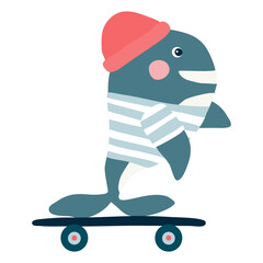 Cute cartoon style whale character on skateboard, vector
