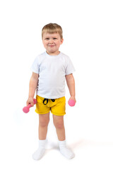 Boy exercising with dumbbells isolated on white. Physical training for kids. Kid Doing Sports, Healthy childhood, Lifestyle Concept. Fitness for children.