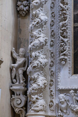Four of the most beautiful churches in Lecce: Cathedral, Santa Croce, San Matteo, Santa Chiara. Details, frescoes, twisted columns and statues. Decorations of Lecce Baroque. View of cathedral crypt.