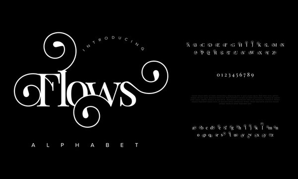 Naklejka Flows elegant luxury abstract wedding fashion logo font alphabet. Minimal classic  urban fonts for logo, brand etc. Typography typeface uppercase lowercase and number. vector illustration