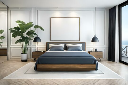 3d render of luxury hotel room with big photo frame mockup and tropical plant
