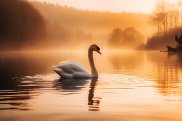 A swan swimming in a lake at sunset. Generative AI image.