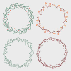 Set of round laurel wreaths. Vector design elements. Flower border doodle line from hand drawn
