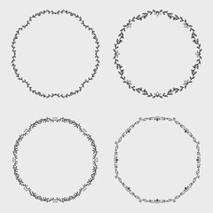 Set of round laurel wreaths. Vector design elements. Flower border doodle line from hand drawn