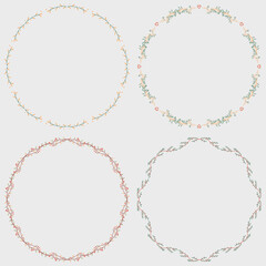 Set of round laurel wreaths. Vector design elements. Flower border doodle line from hand drawn