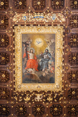 Four of the most beautiful churches in Lecce: Cathedral, Santa Croce, San Matteo, Santa Chiara. Details, frescoes, twisted columns and statues. Decorations of Lecce Baroque. View of cathedral crypt.