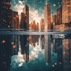 A city skyline reflected in a puddle of water. Generative AI image.