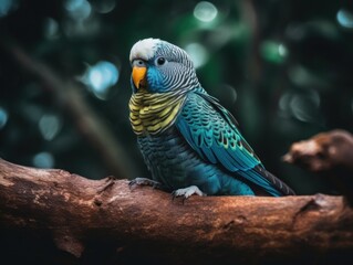 Fototapeta premium A blue and yellow bird sitting on a tree branch. Generative AI image.