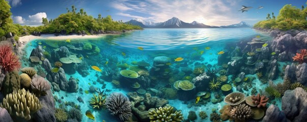Fototapeta na wymiar Clear water with coral reef. Generative AI