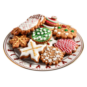 christmas cookies on a plate isolated on a transparent background, generative ai