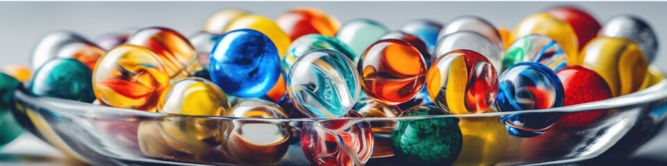 A glass bowl filled with lots of colorful marbles. Generative AI image.