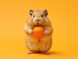 A hamster holding an orange in its paws. Generative AI image.