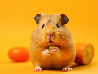 A hamster eating an orange on a yellow background. Generative AI image.