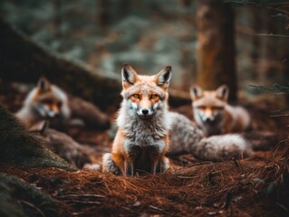 A group of foxes sitting on top of a forest floor. Generative AI image.