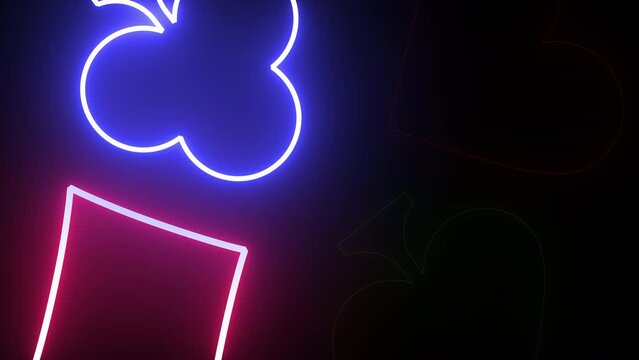 neon gambling animation of four playing card suits heart, spade, diamond and club shapes on black background, 4K abstract gambling loop background