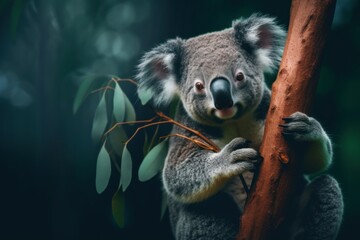 Fototapeta premium A koala bear sitting on a tree branch. Generative AI image.