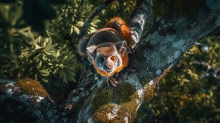 A brown and white animal sitting on top of a tree. Generative AI image.